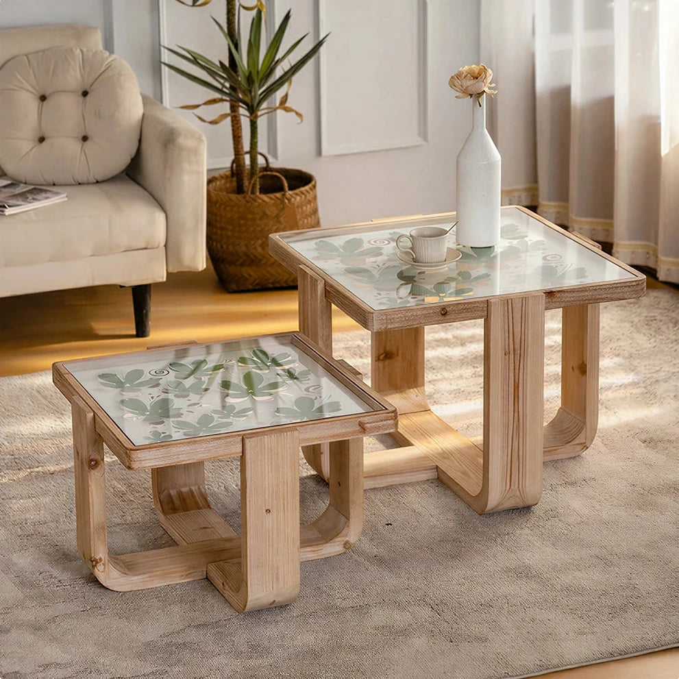 LIVARA Square Glass Coffee Table - Solid Wood Frame Floral Glass Top 59.5cm for Living Room Lounge - Natural