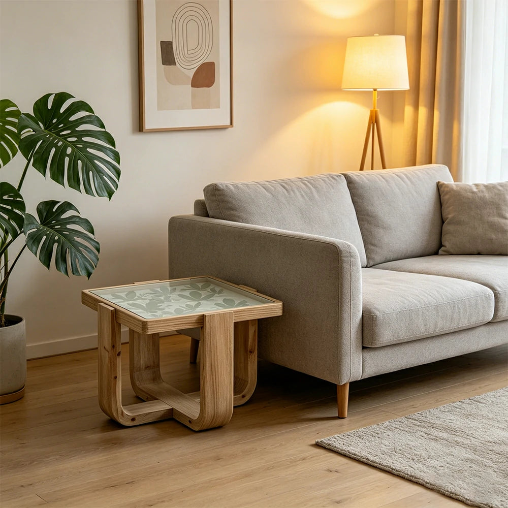 LIVARA Square Glass Coffee Table - Solid Wood Frame Floral Glass Top 59.5cm for Living Room Lounge - Natural