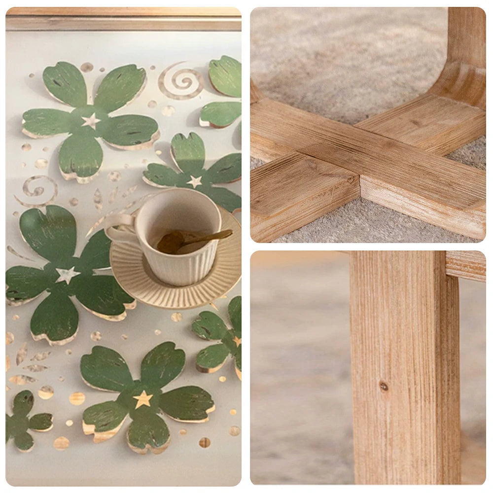 LIVARA Square Glass Coffee Table - Solid Wood Frame Floral Glass Top 59.5cm for Living Room Lounge - Natural