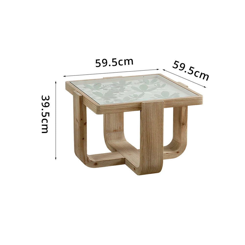 LIVARA Square Glass Coffee Table - Solid Wood Frame Floral Glass Top 59.5cm for Living Room Lounge - Natural