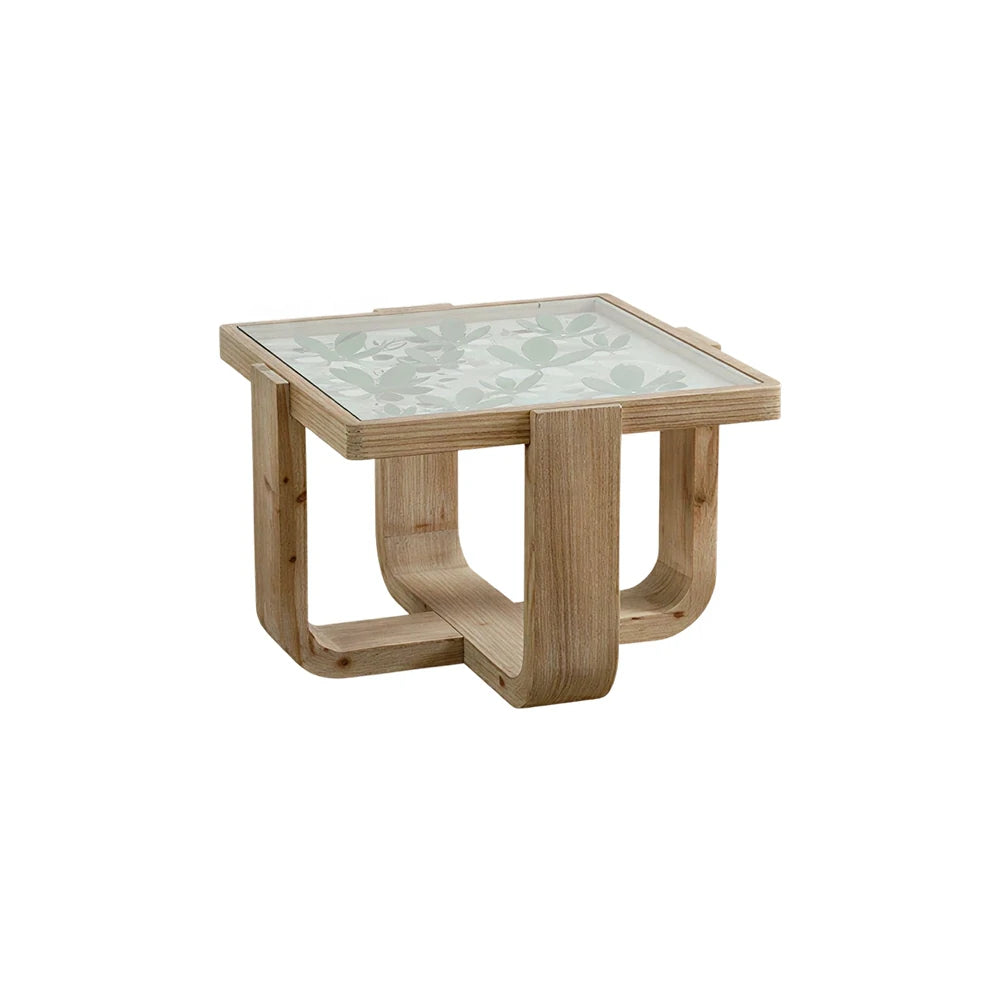 LIVARA Square Glass Coffee Table - Solid Wood Frame Floral Glass Top 59.5cm for Living Room Lounge - Natural