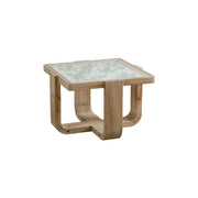 LIVARA Square Glass Coffee Table - Solid Wood Frame Floral Glass Top 59.5cm for Living Room Lounge - Natural