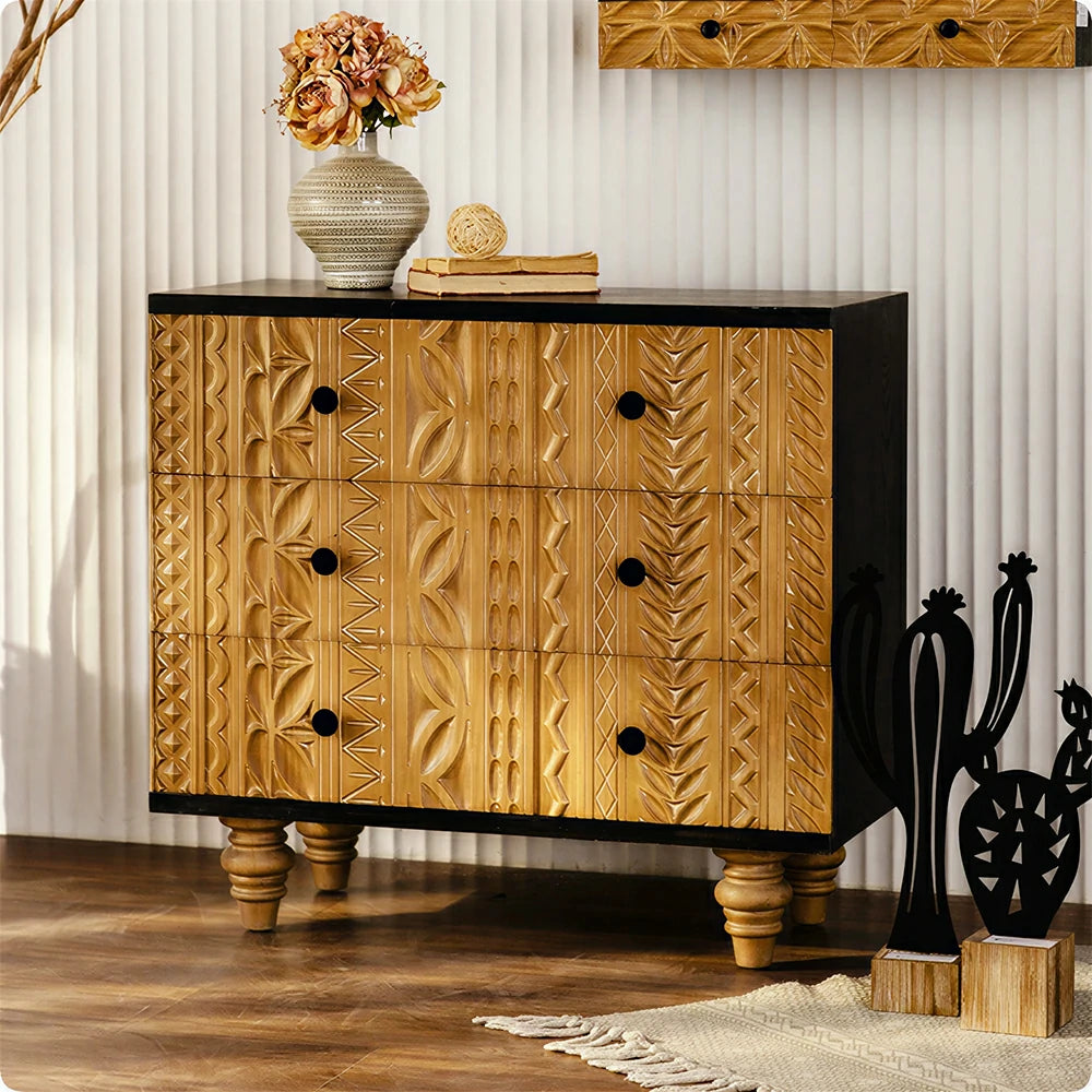 LIVARA Vintage 3-Drawer Chest - Carved Wood Grain Storage Cabinet 85.5cm for Entryway Living Room - Natural Black