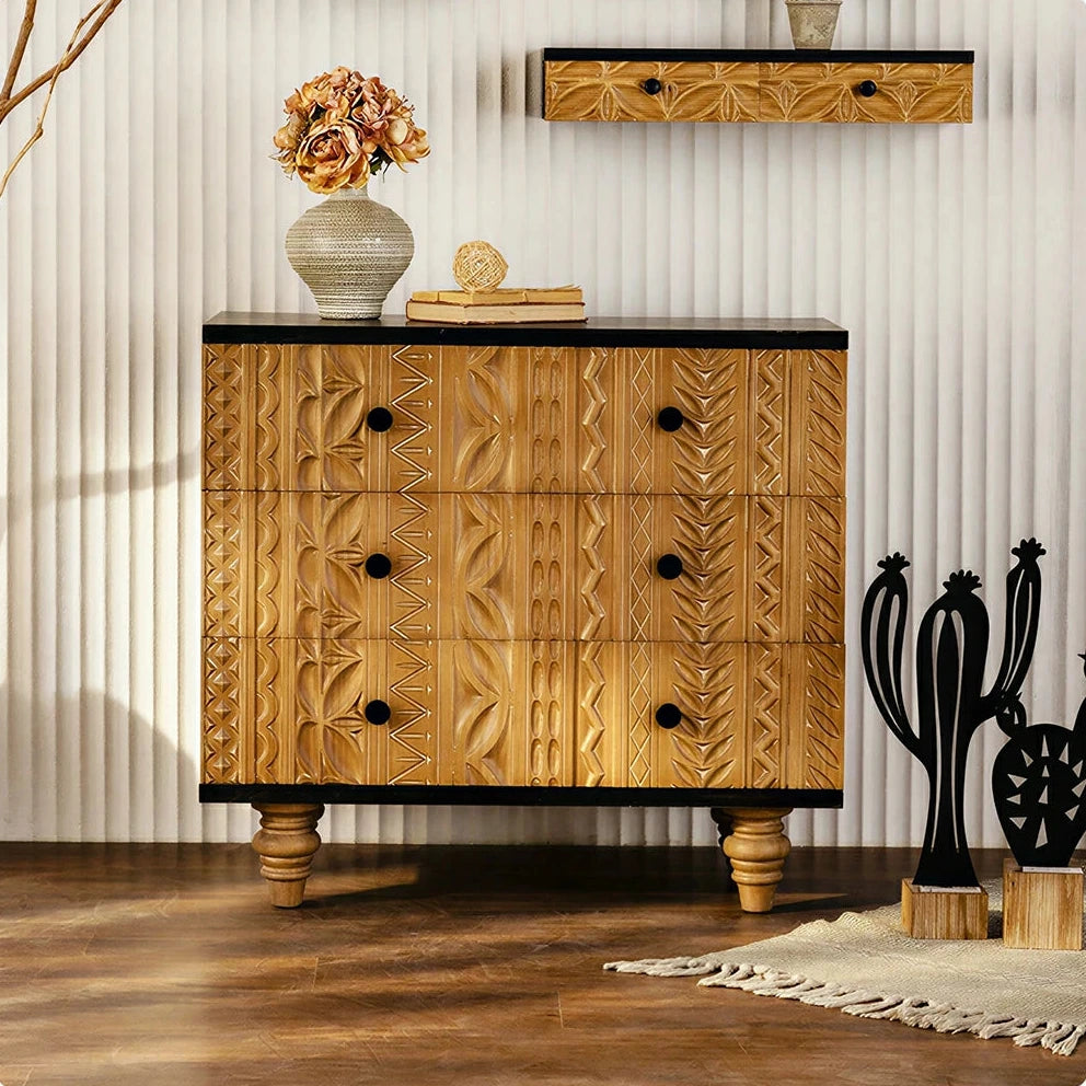 LIVARA Vintage 3-Drawer Chest - Carved Wood Grain Storage Cabinet 85.5cm for Entryway Living Room - Natural Black