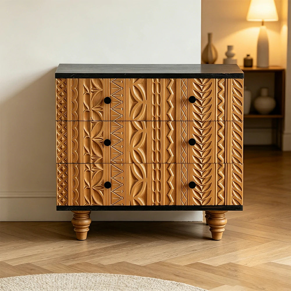 LIVARA Vintage 3-Drawer Chest - Carved Wood Grain Storage Cabinet 85.5cm for Entryway Living Room - Natural Black
