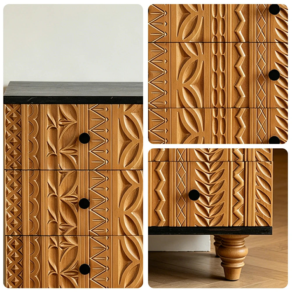 LIVARA Vintage 3-Drawer Chest - Carved Wood Grain Storage Cabinet 85.5cm for Entryway Living Room - Natural Black