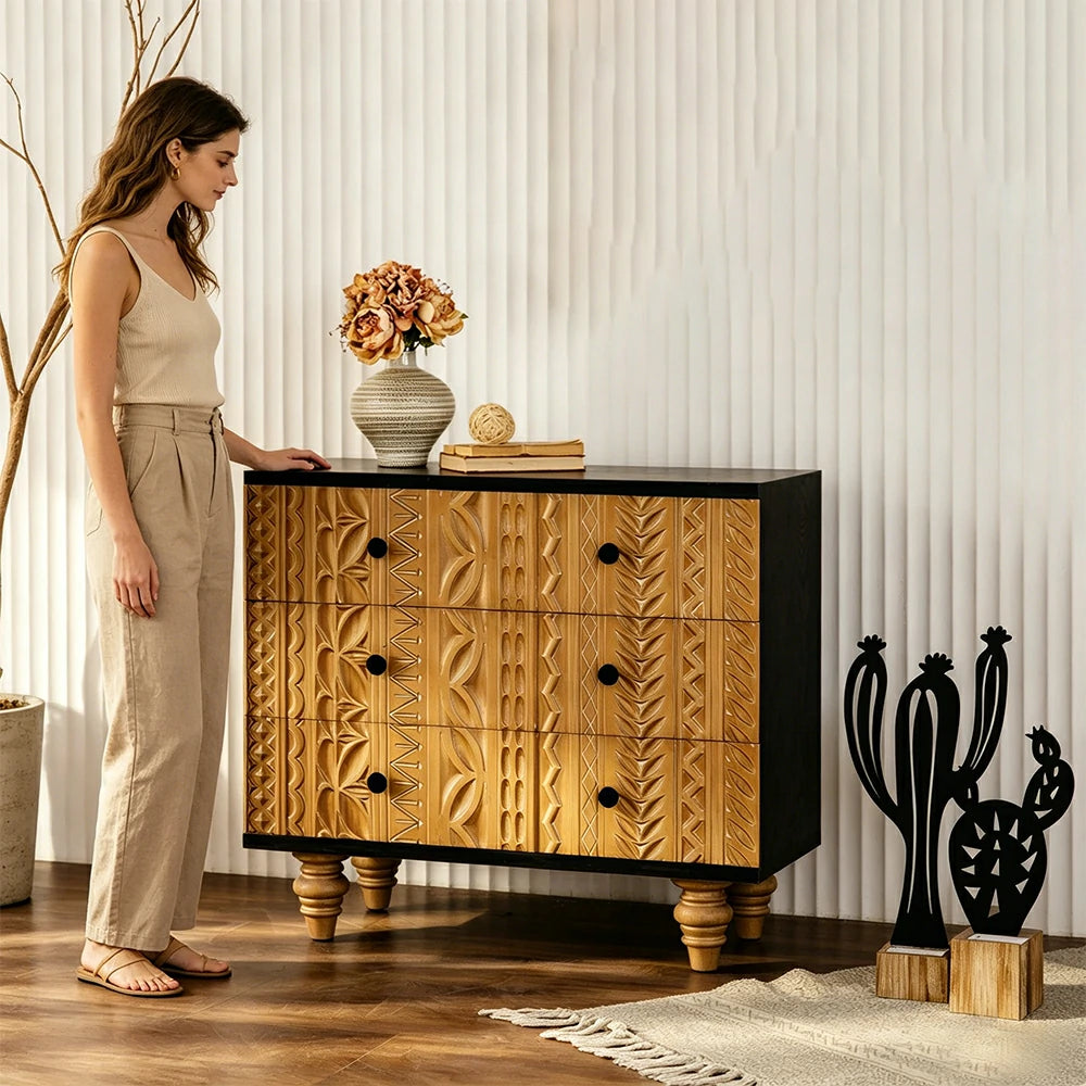 LIVARA Vintage 3-Drawer Chest - Carved Wood Grain Storage Cabinet 85.5cm for Entryway Living Room - Natural Black