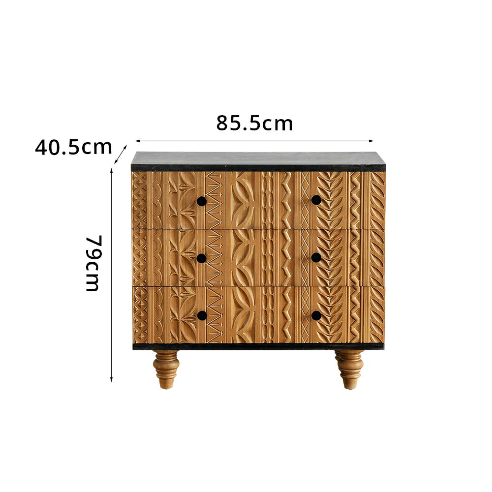 LIVARA Vintage 3-Drawer Chest - Carved Wood Grain Storage Cabinet 85.5cm for Entryway Living Room - Natural Black