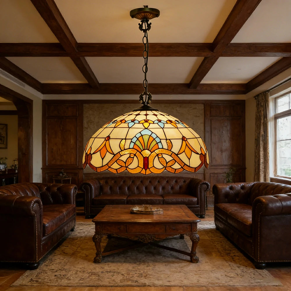 LIVARA Stained Glass Pendant Light European Vintage Hanging Lamp 30/40/50cm Adjustable Chain Ceiling Light for Dining Room Living Room