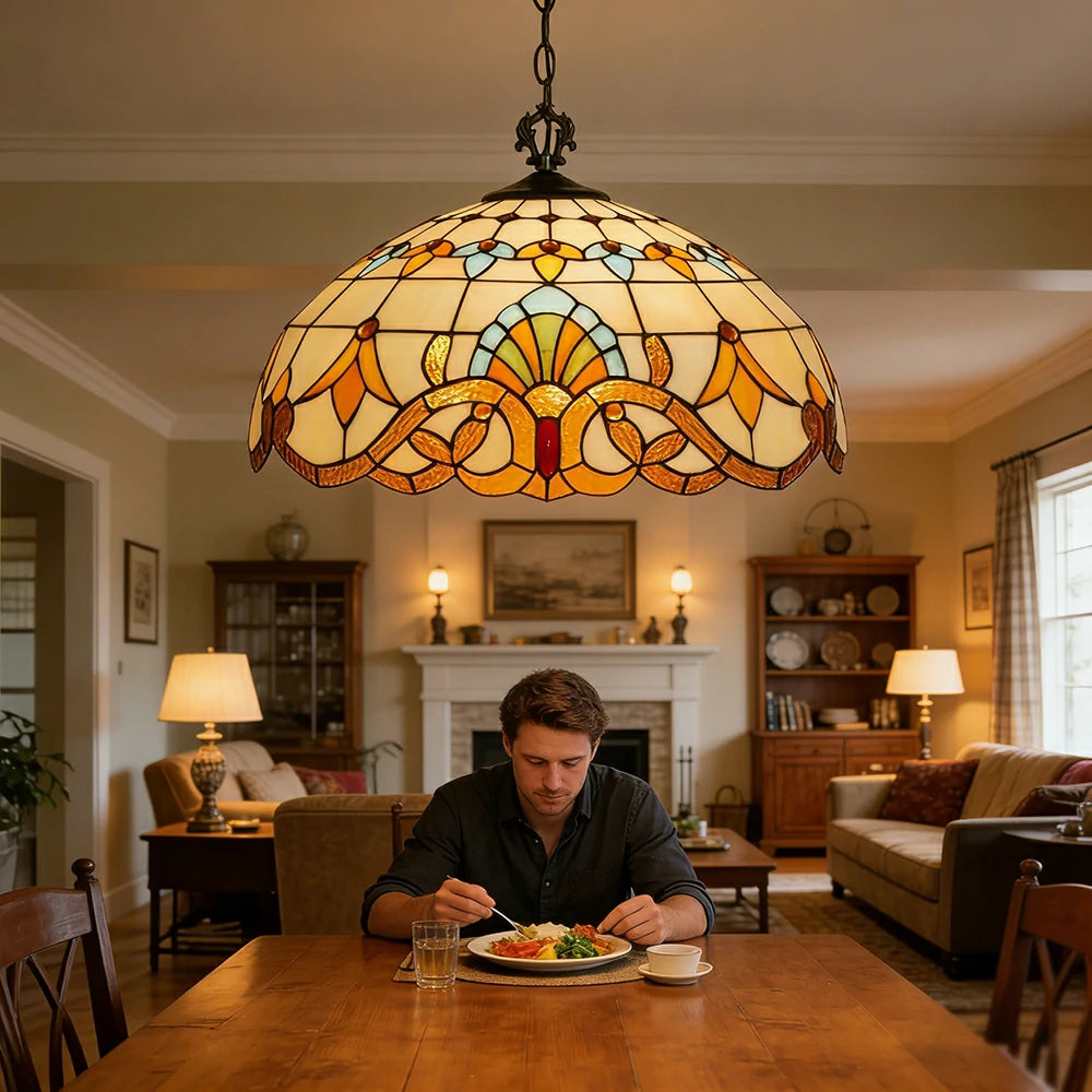 LIVARA Stained Glass Pendant Light European Vintage Hanging Lamp 30/40/50cm Adjustable Chain Ceiling Light for Dining Room Living Room