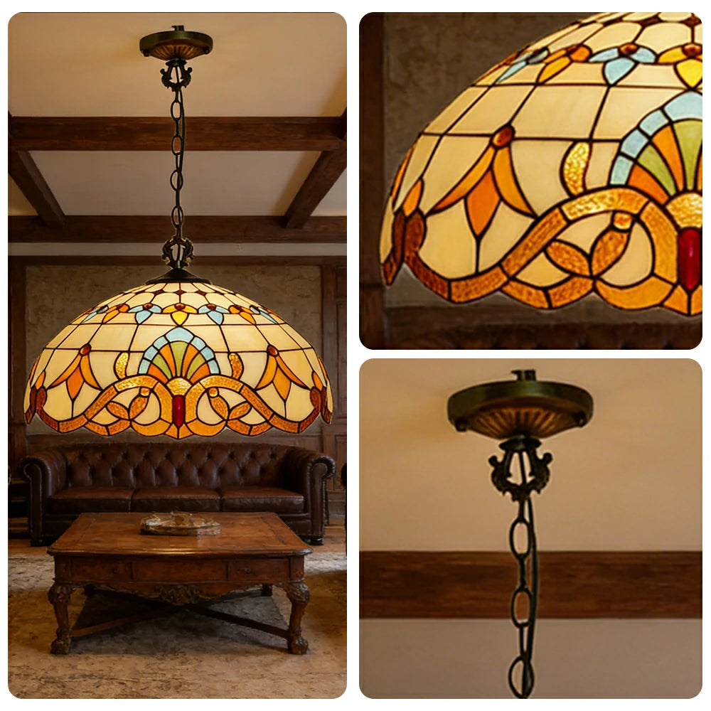 LIVARA Stained Glass Pendant Light European Vintage Hanging Lamp 30/40/50cm Adjustable Chain Ceiling Light for Dining Room Living Room