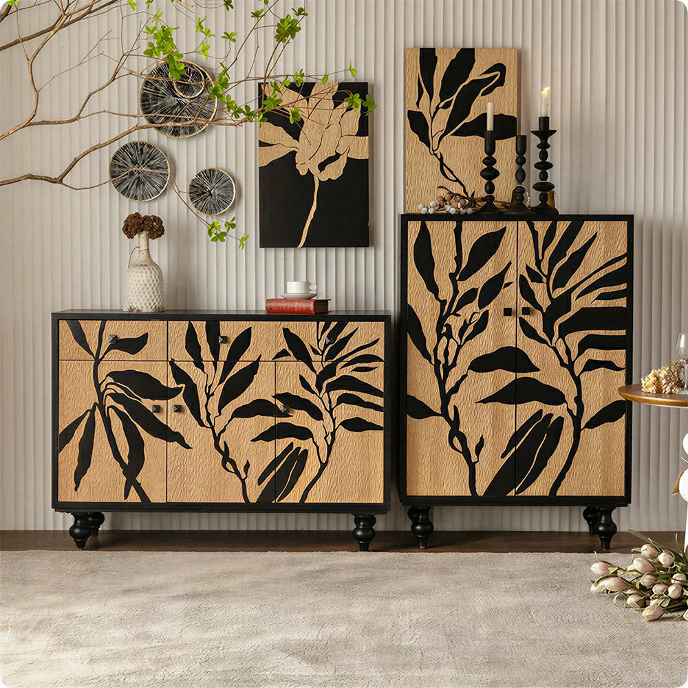 LIVARA Vintage Entryway Cabinet - Botanical Print Wood Grain Storage Sideboard 116cm for Hallway Living Room - Natural Black