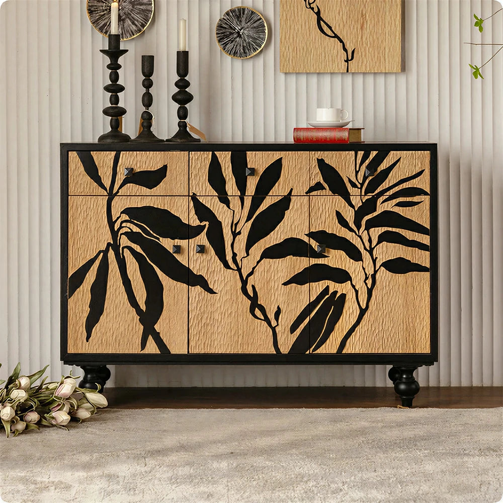 LIVARA Vintage Entryway Cabinet - Botanical Print Wood Grain Storage Sideboard 116cm for Hallway Living Room - Natural Black