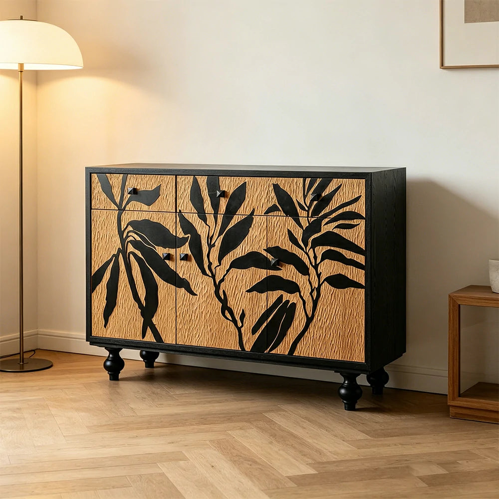LIVARA Vintage Entryway Cabinet - Botanical Print Wood Grain Storage Sideboard 116cm for Hallway Living Room - Natural Black