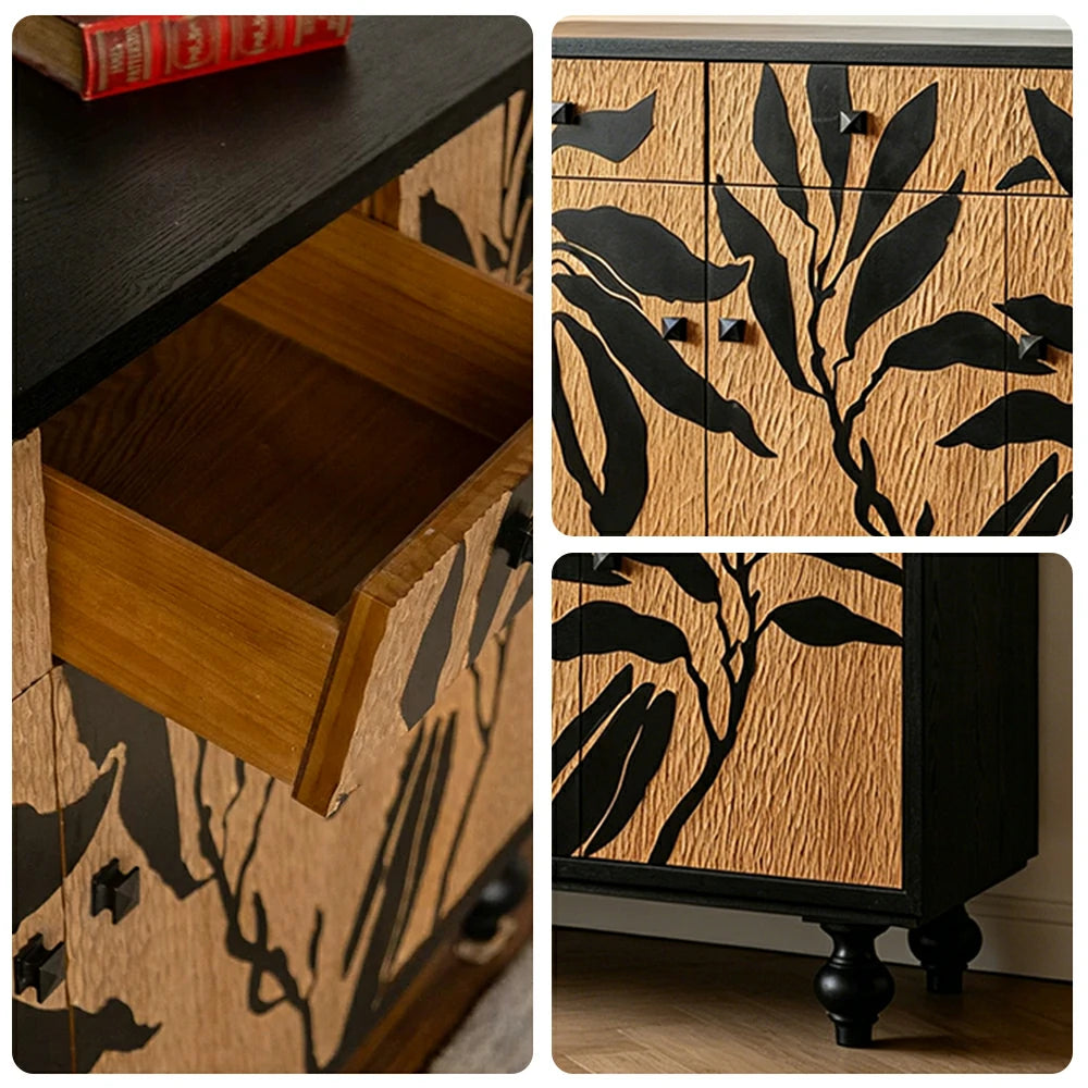 LIVARA Vintage Entryway Cabinet - Botanical Print Wood Grain Storage Sideboard 116cm for Hallway Living Room - Natural Black