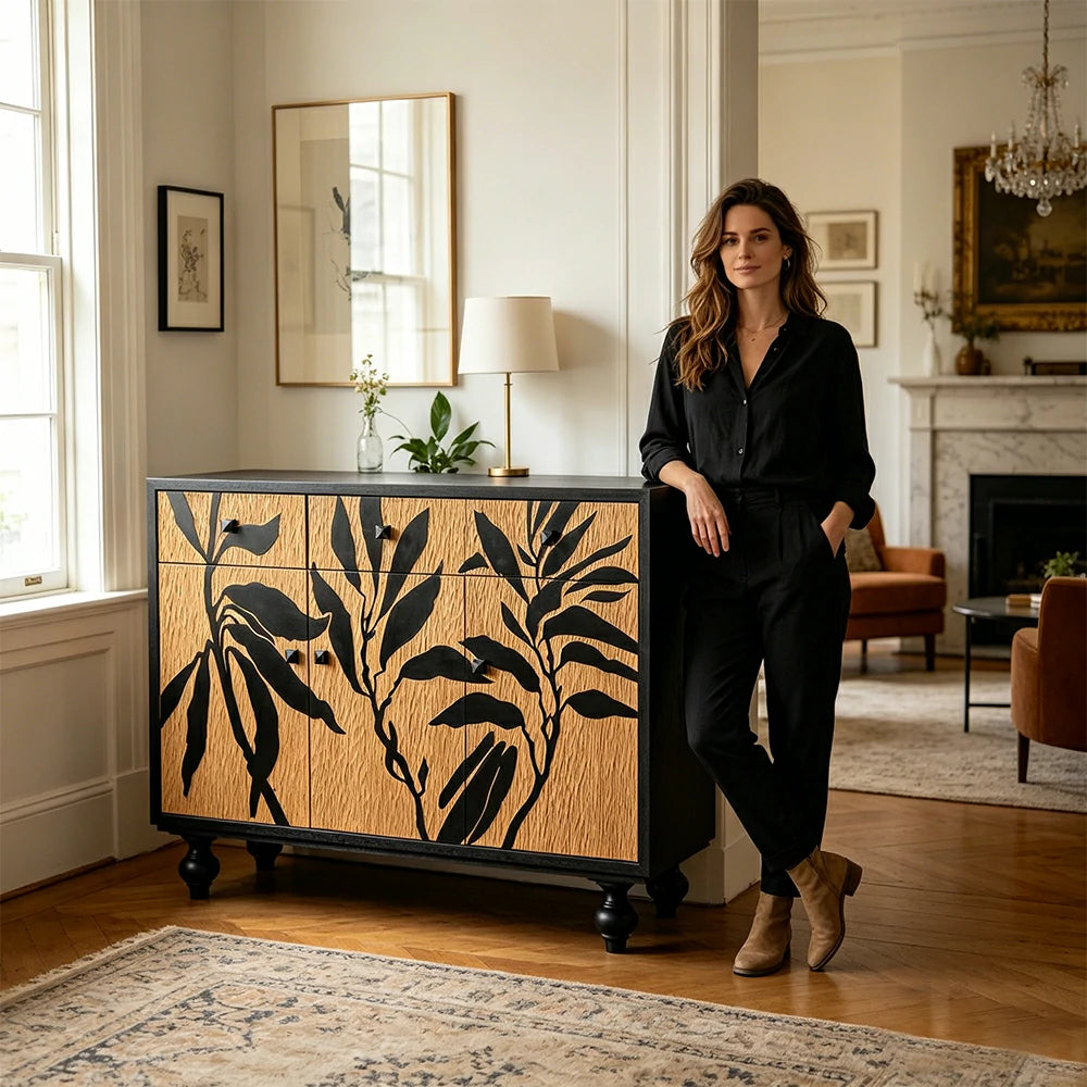 LIVARA Vintage Entryway Cabinet - Botanical Print Wood Grain Storage Sideboard 116cm for Hallway Living Room - Natural Black