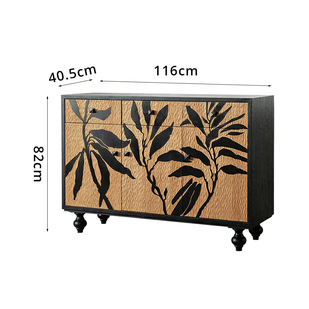 LIVARA Vintage Entryway Cabinet - Botanical Print Wood Grain Storage Sideboard 116cm for Hallway Living Room - Natural Black