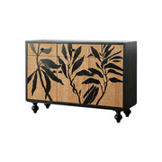 LIVARA Vintage Entryway Cabinet - Botanical Print Wood Grain Storage Sideboard 116cm for Hallway Living Room - Natural Black