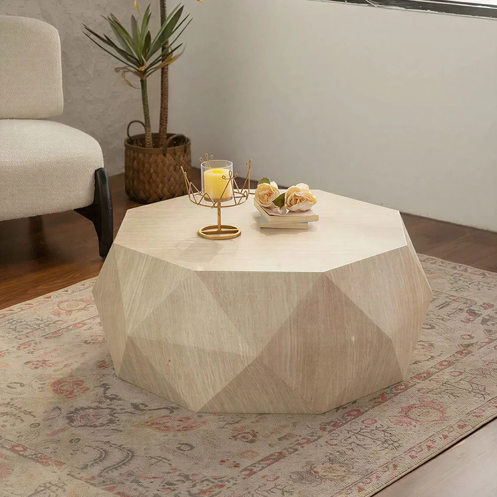 LIVARA Travertine Look Coffee Table - Geometric Diamond Design 95cm for Living Room Lounge - Cream