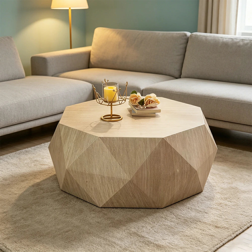 LIVARA Travertine Look Coffee Table - Geometric Diamond Design 95cm for Living Room Lounge - Cream