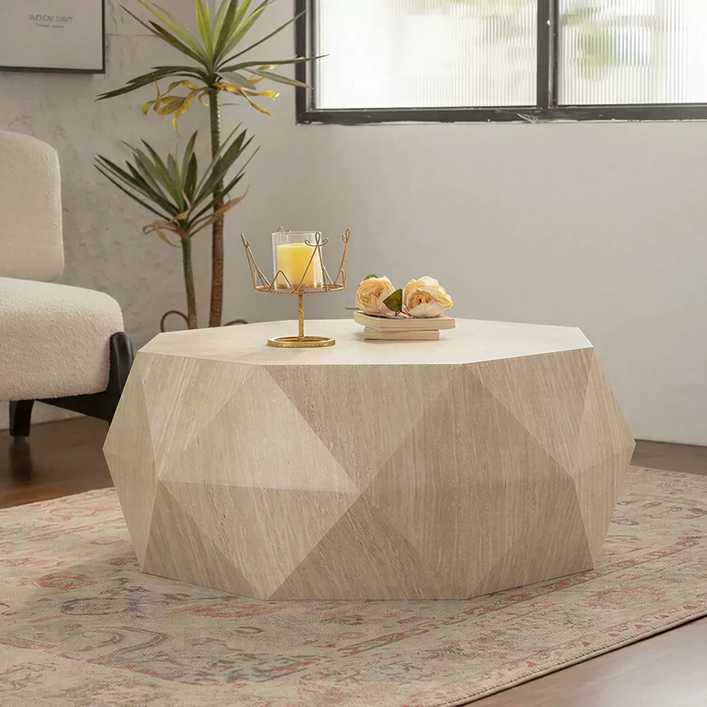 LIVARA Travertine Look Coffee Table - Geometric Diamond Design 95cm for Living Room Lounge - Cream