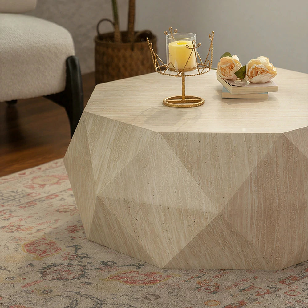 LIVARA Travertine Look Coffee Table - Geometric Diamond Design 95cm for Living Room Lounge - Cream