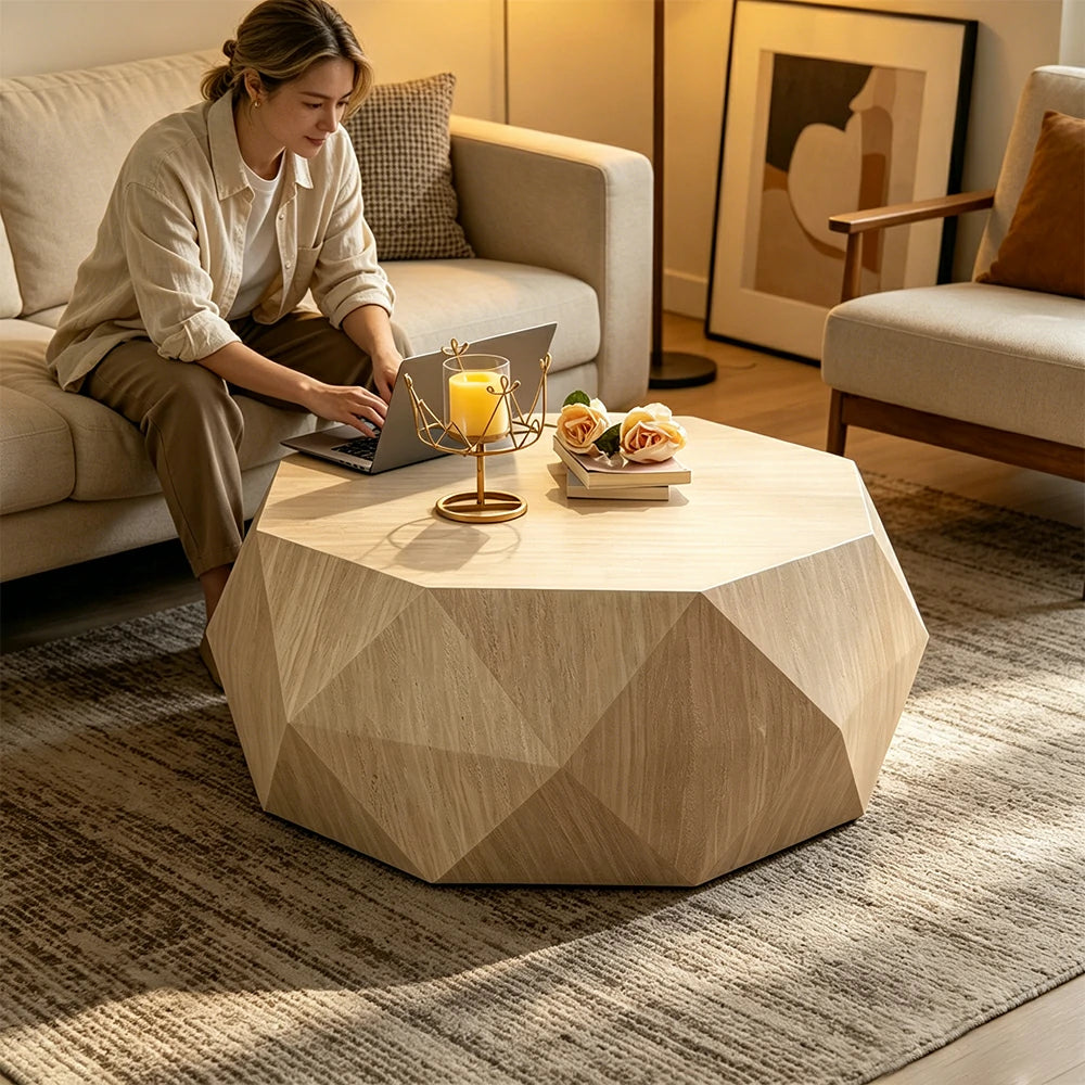LIVARA Travertine Look Coffee Table - Geometric Diamond Design 95cm for Living Room Lounge - Cream