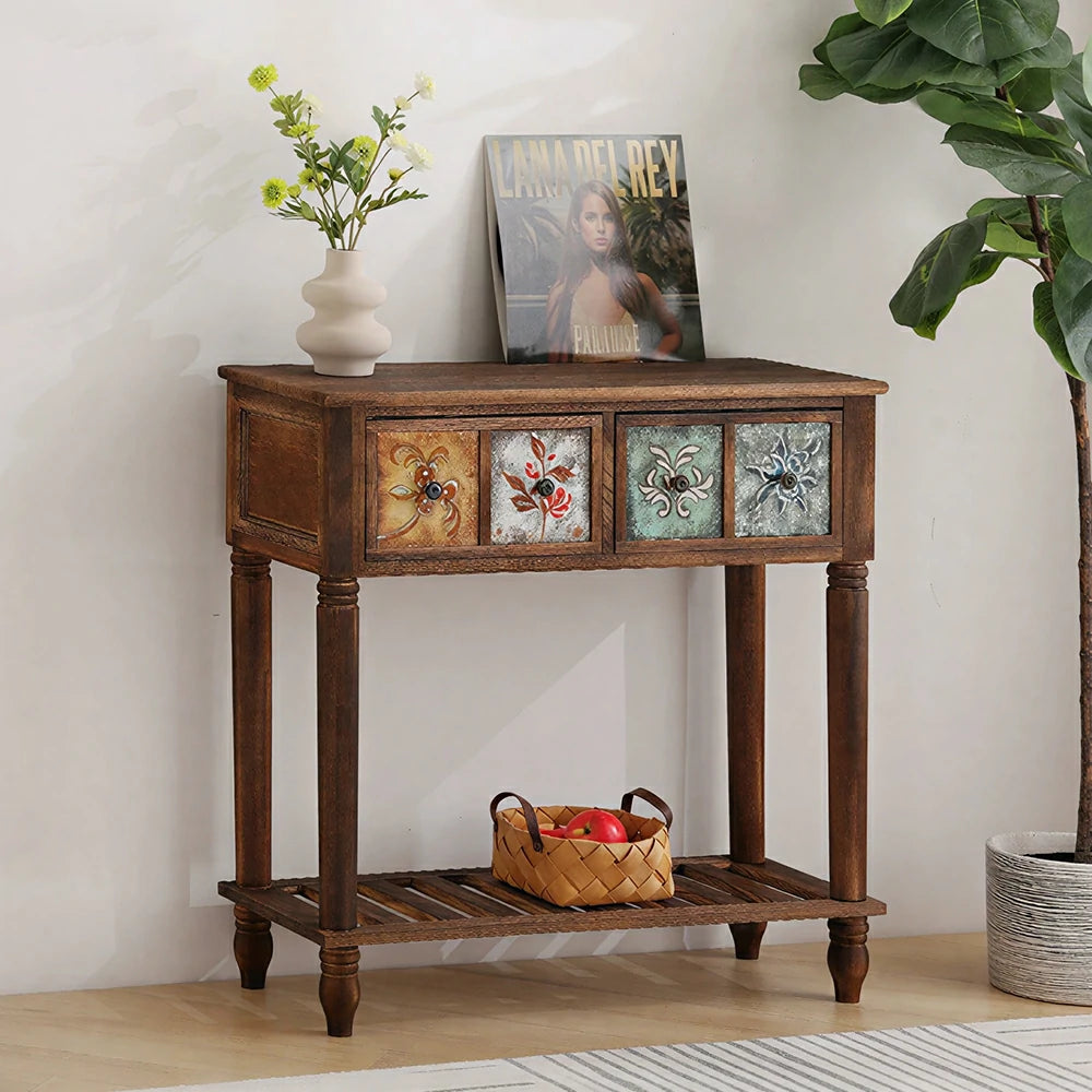 LIVARA Vintage Console Table - 4 Painted Panels 2 Drawers Solid Wood Storage 80.5cm for Entryway - Burnt Floral