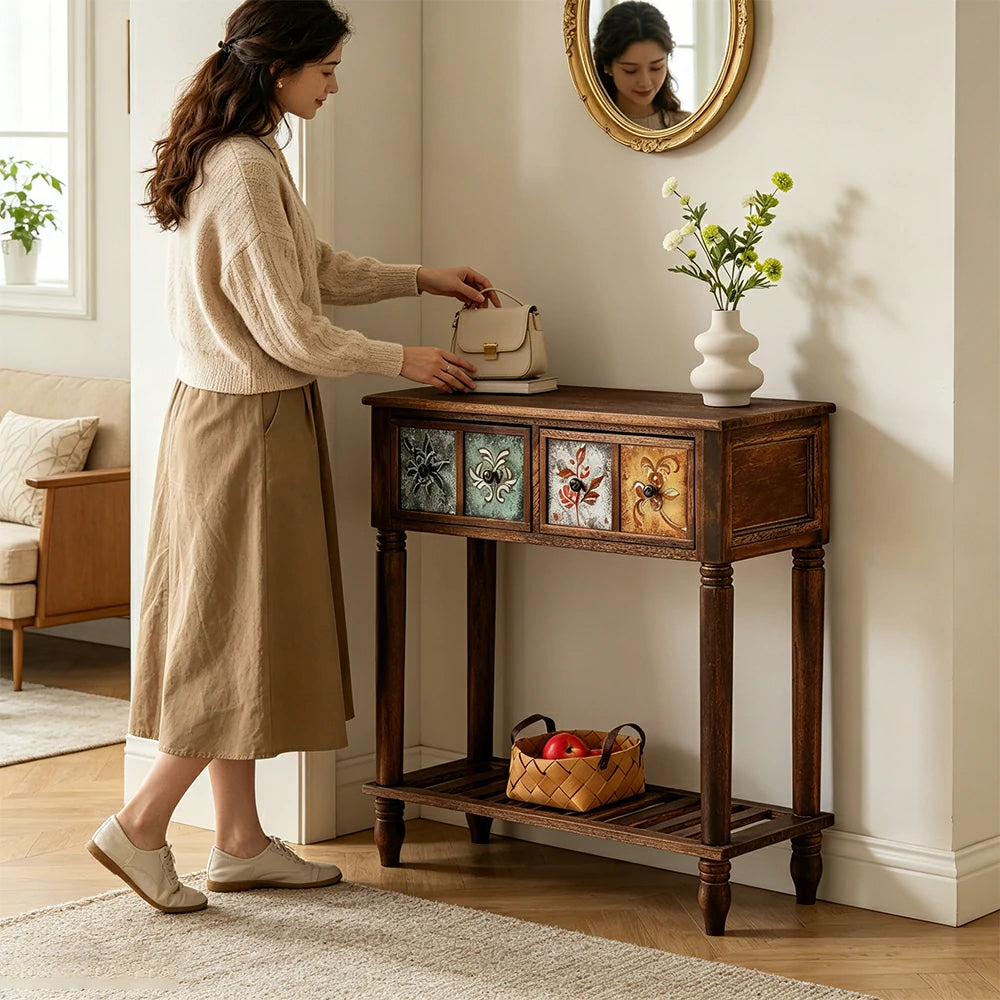 LIVARA Vintage Console Table - 4 Painted Panels 2 Drawers Solid Wood Storage 80.5cm for Entryway - Burnt Floral