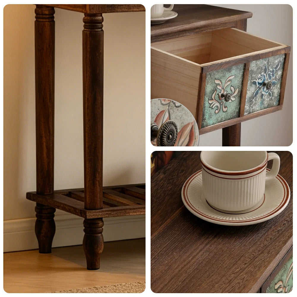 LIVARA Vintage Console Table - 4 Painted Panels 2 Drawers Solid Wood Storage 80.5cm for Entryway - Burnt Floral
