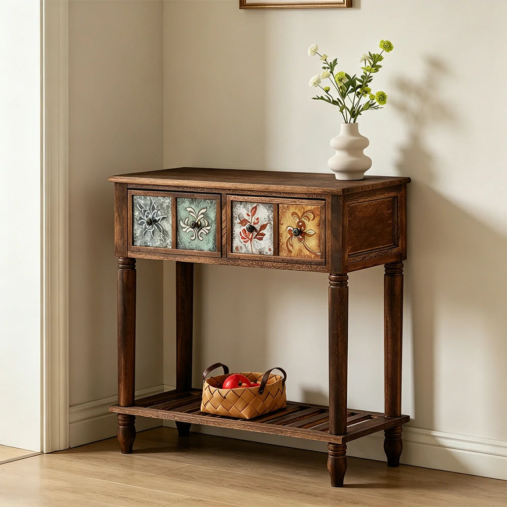LIVARA Vintage Console Table - 4 Painted Panels 2 Drawers Solid Wood Storage 80.5cm for Entryway - Burnt Floral