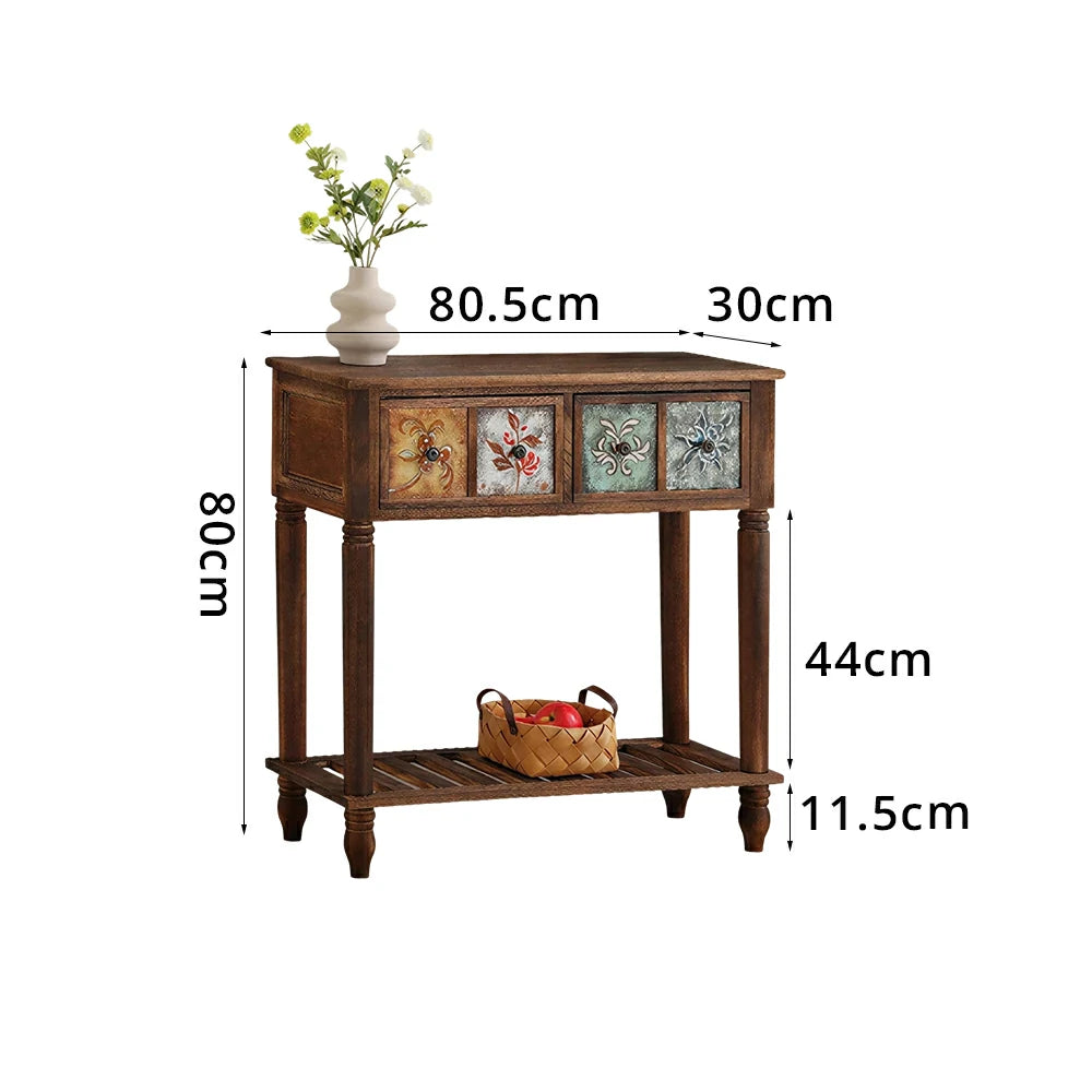 LIVARA Vintage Console Table - 4 Painted Panels 2 Drawers Solid Wood Storage 80.5cm for Entryway - Burnt Floral