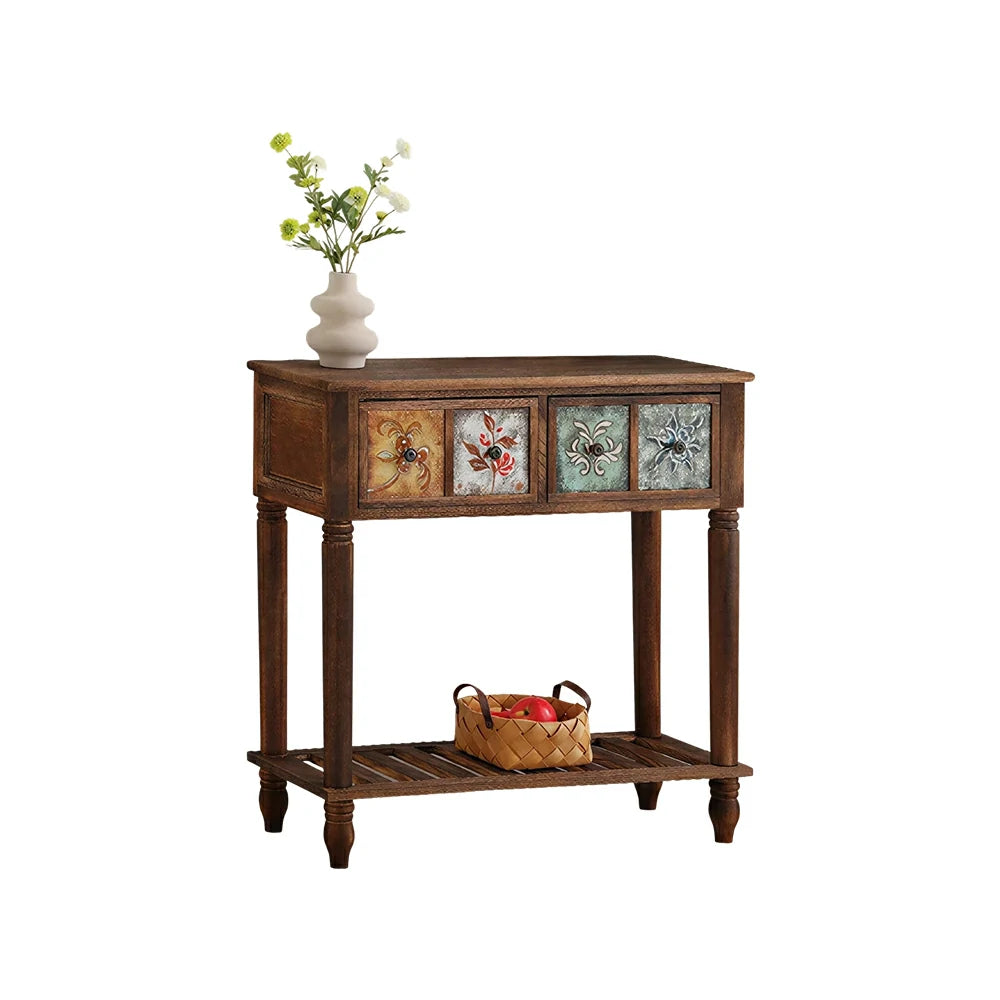 LIVARA Vintage Console Table - 4 Painted Panels 2 Drawers Solid Wood Storage 80.5cm for Entryway - Burnt Floral