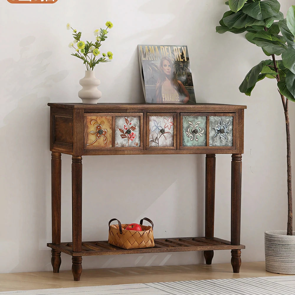 LIVARA Vintage Console Table - 5 Painted Panels 3 Drawers Solid Wood Storage 100cm for Entryway - Burnt Floral