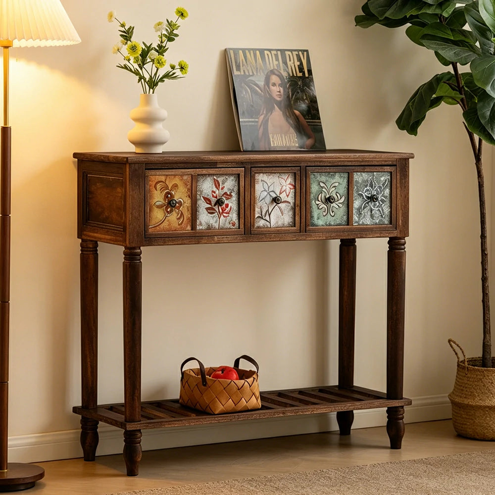 LIVARA Vintage Console Table - 5 Painted Panels 3 Drawers Solid Wood Storage 100cm for Entryway - Burnt Floral