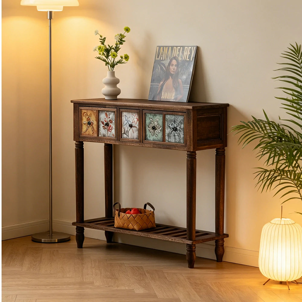 LIVARA Vintage Console Table - 5 Painted Panels 3 Drawers Solid Wood Storage 100cm for Entryway - Burnt Floral