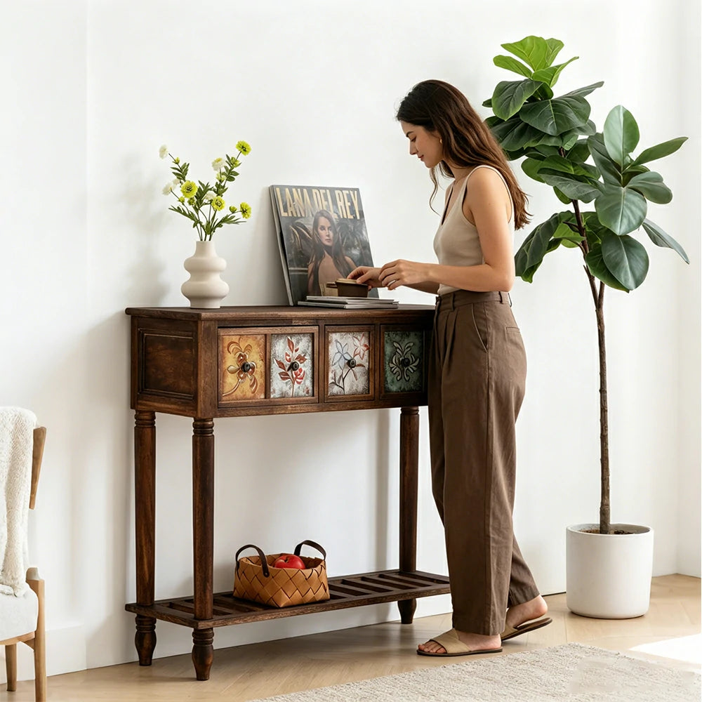 LIVARA Vintage Console Table - 5 Painted Panels 3 Drawers Solid Wood Storage 100cm for Entryway - Burnt Floral