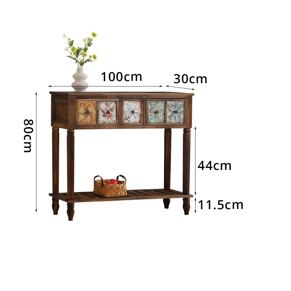 LIVARA Vintage Console Table - 5 Painted Panels 3 Drawers Solid Wood Storage 100cm for Entryway - Burnt Floral