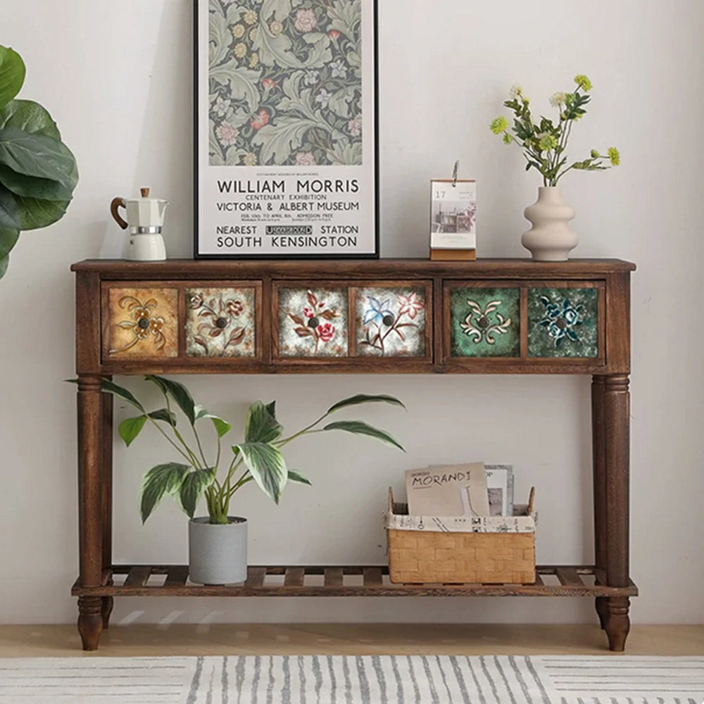 LIVARA Vintage Console Table - 6 Painted Panels 3 Drawers Solid Wood Storage 116cm for Entryway - Burnt Floral