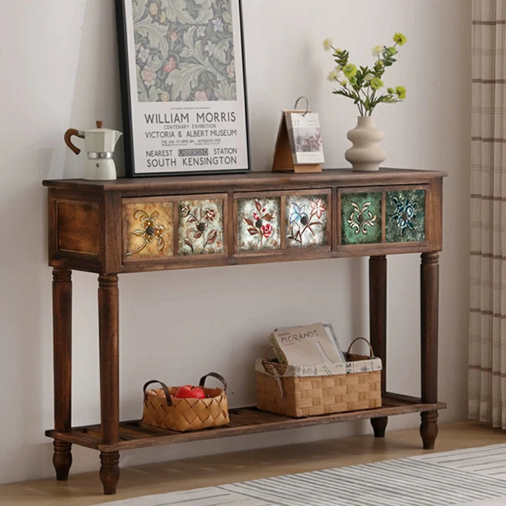 LIVARA Vintage Console Table - 6 Painted Panels 3 Drawers Solid Wood Storage 116cm for Entryway - Burnt Floral