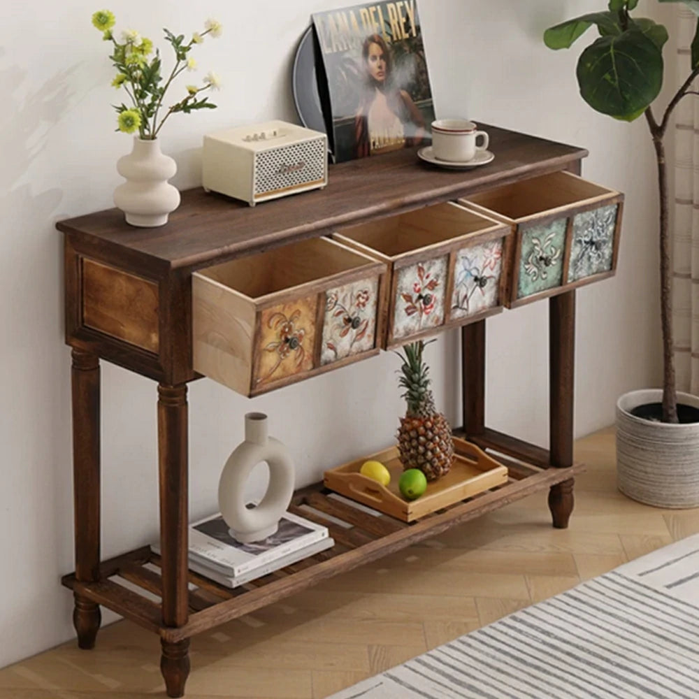 LIVARA Vintage Console Table - 6 Painted Panels 3 Drawers Solid Wood Storage 116cm for Entryway - Burnt Floral
