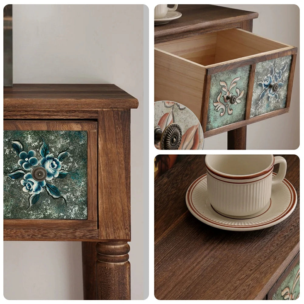 LIVARA Vintage Console Table - 6 Painted Panels 3 Drawers Solid Wood Storage 116cm for Entryway - Burnt Floral