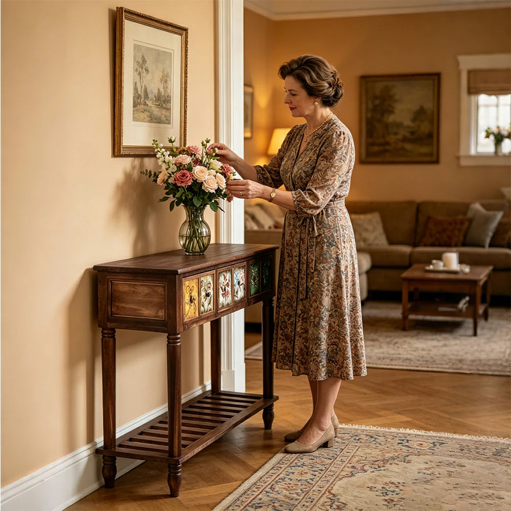 LIVARA Vintage Console Table - 6 Painted Panels 3 Drawers Solid Wood Storage 116cm for Entryway - Burnt Floral