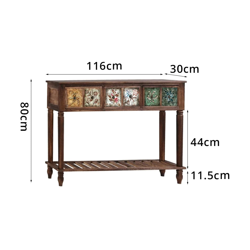 LIVARA Vintage Console Table - 6 Painted Panels 3 Drawers Solid Wood Storage 116cm for Entryway - Burnt Floral