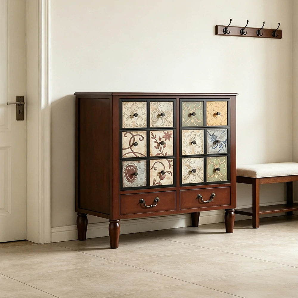 LIVARA American Vintage Storage Cabinet - Solid Wood Painted 8-Drawer Chest with 12 Panels - 80cm Entryway Cabinet - Reddish Brown