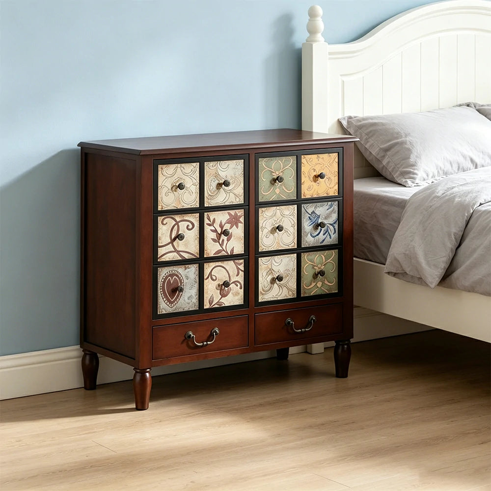 LIVARA American Vintage Storage Cabinet - Solid Wood Painted 8-Drawer Chest with 12 Panels - 80cm Entryway Cabinet - Reddish Brown