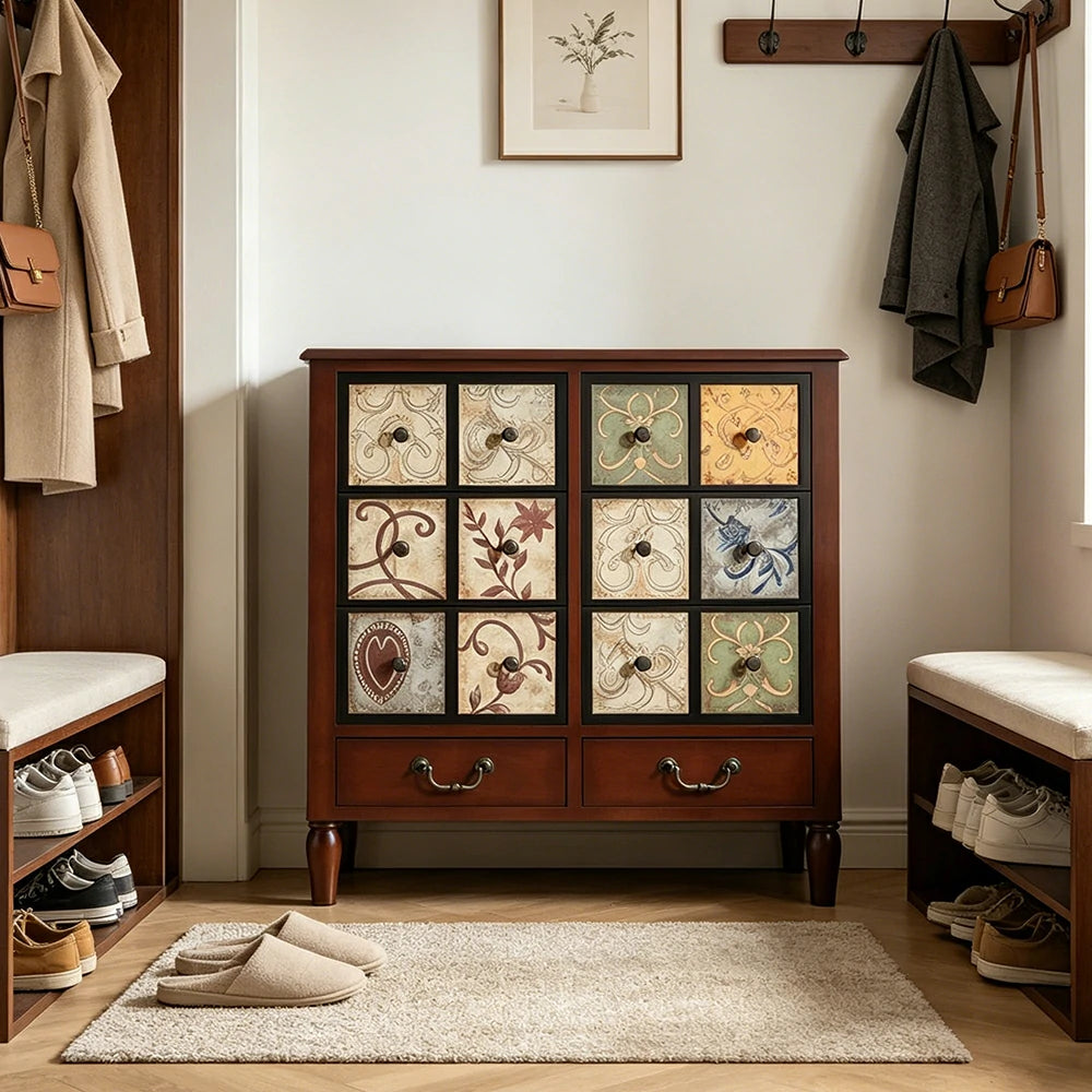 LIVARA American Vintage Storage Cabinet - Solid Wood Painted 8-Drawer Chest with 12 Panels - 80cm Entryway Cabinet - Reddish Brown