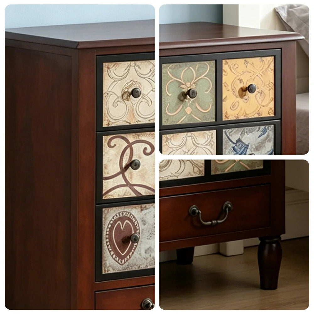 LIVARA American Vintage Storage Cabinet - Solid Wood Painted 8-Drawer Chest with 12 Panels - 80cm Entryway Cabinet - Reddish Brown