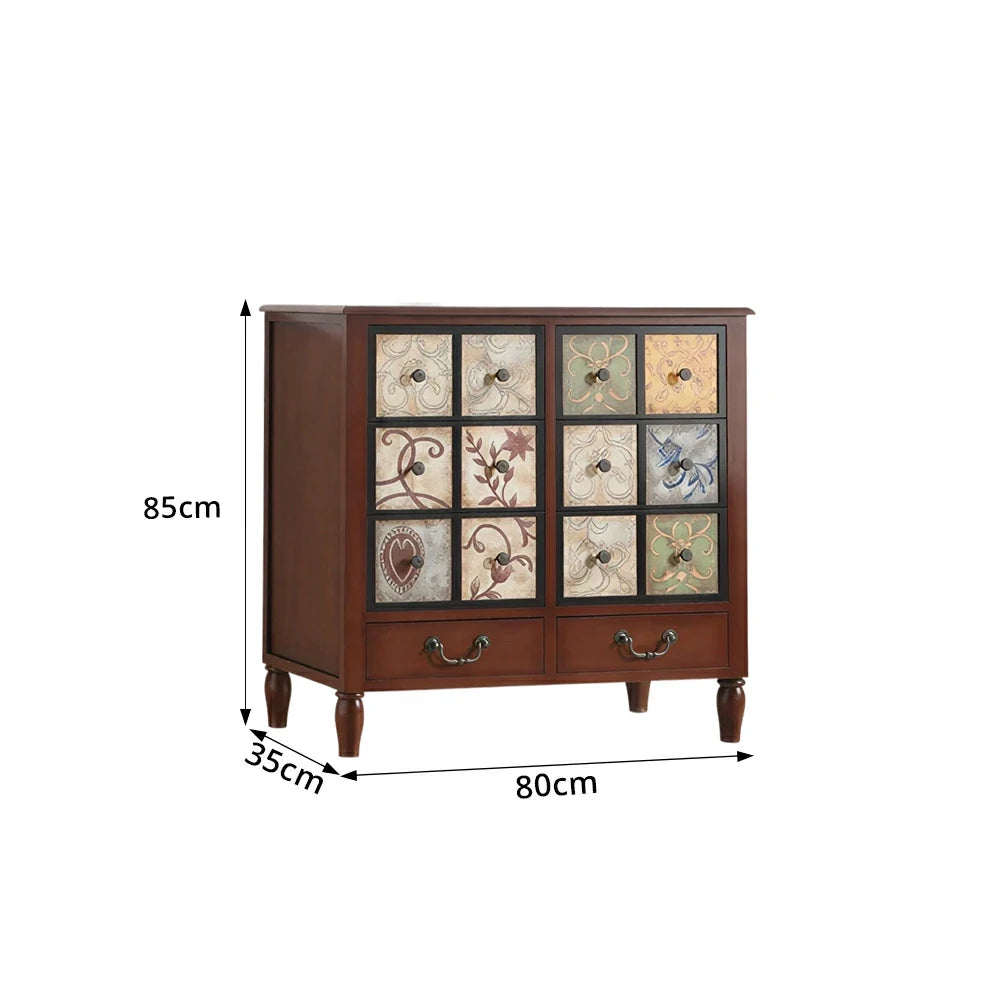 LIVARA American Vintage Storage Cabinet - Solid Wood Painted 8-Drawer Chest with 12 Panels - 80cm Entryway Cabinet - Reddish Brown