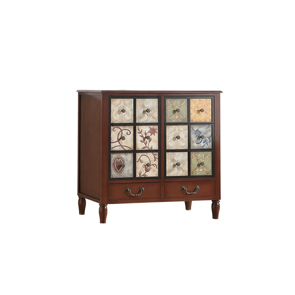 LIVARA American Vintage Storage Cabinet - Solid Wood Painted 8-Drawer Chest with 12 Panels - 80cm Entryway Cabinet - Reddish Brown